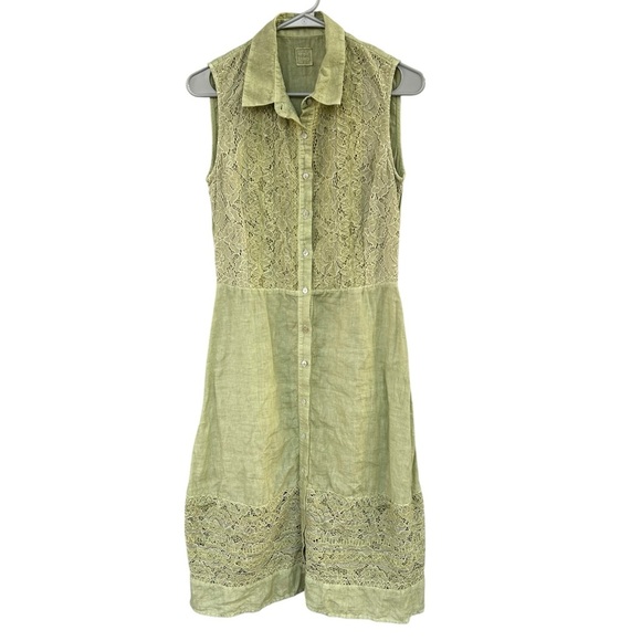 120% Lino Midi Dress - Italian Linen - Green Lace - Size Small - Picture 5 of 9